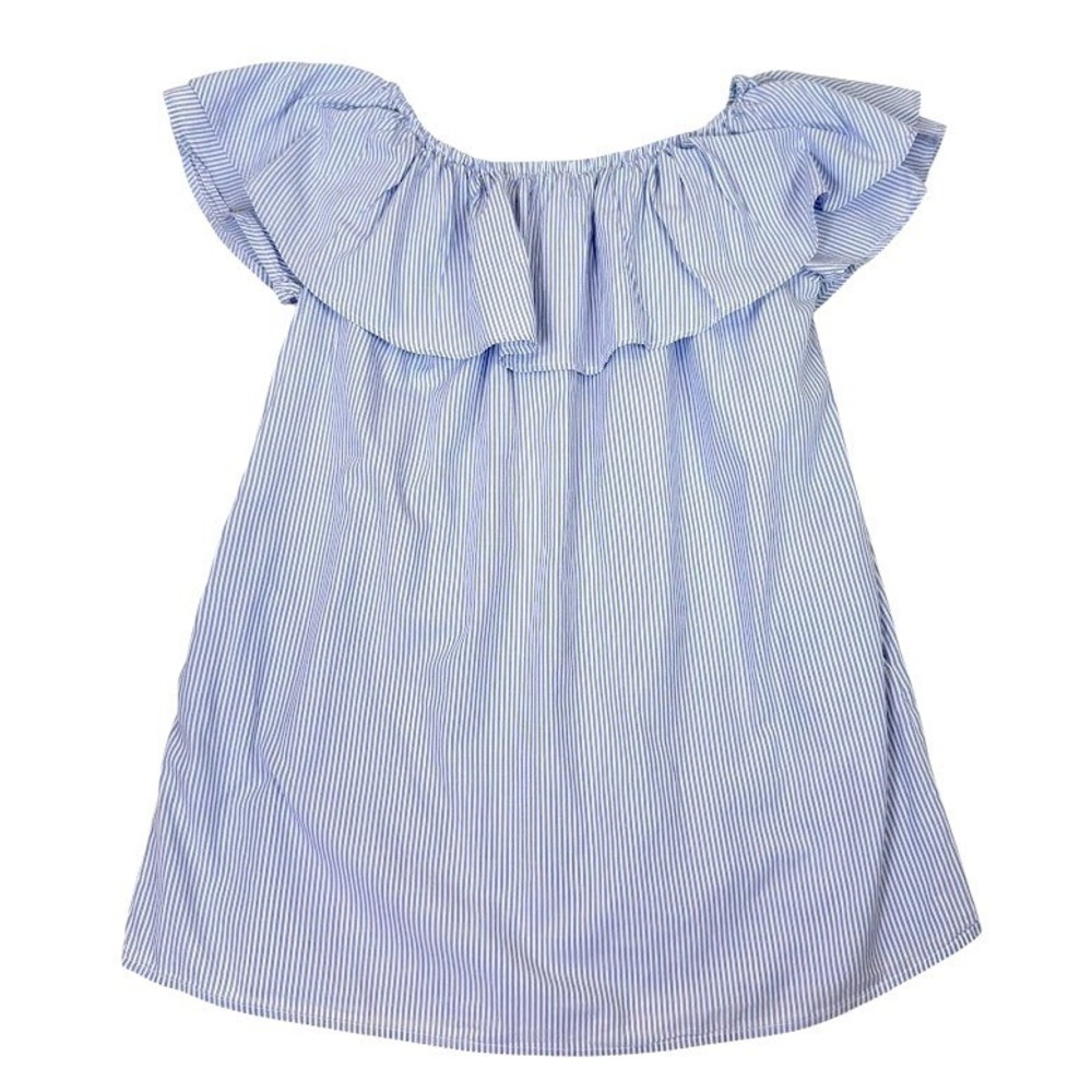 Zara Woman Premium Denim Blue White Stripe Off Shoulder Ruffle Top XL EUR 5‎